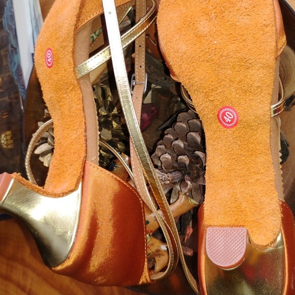 💃 Dancer GOLD & COPPER Ankle Strappy  Sandals Sz 40 NWOT LATIN SALSA - Picture 6 of 16